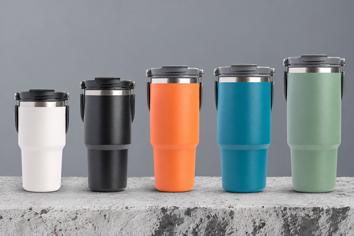 Insulated bottle collection showing different sizes and colors